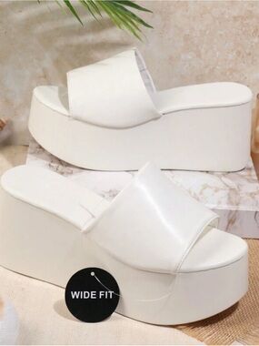 White Platform Slide Sandals - Wide Fit